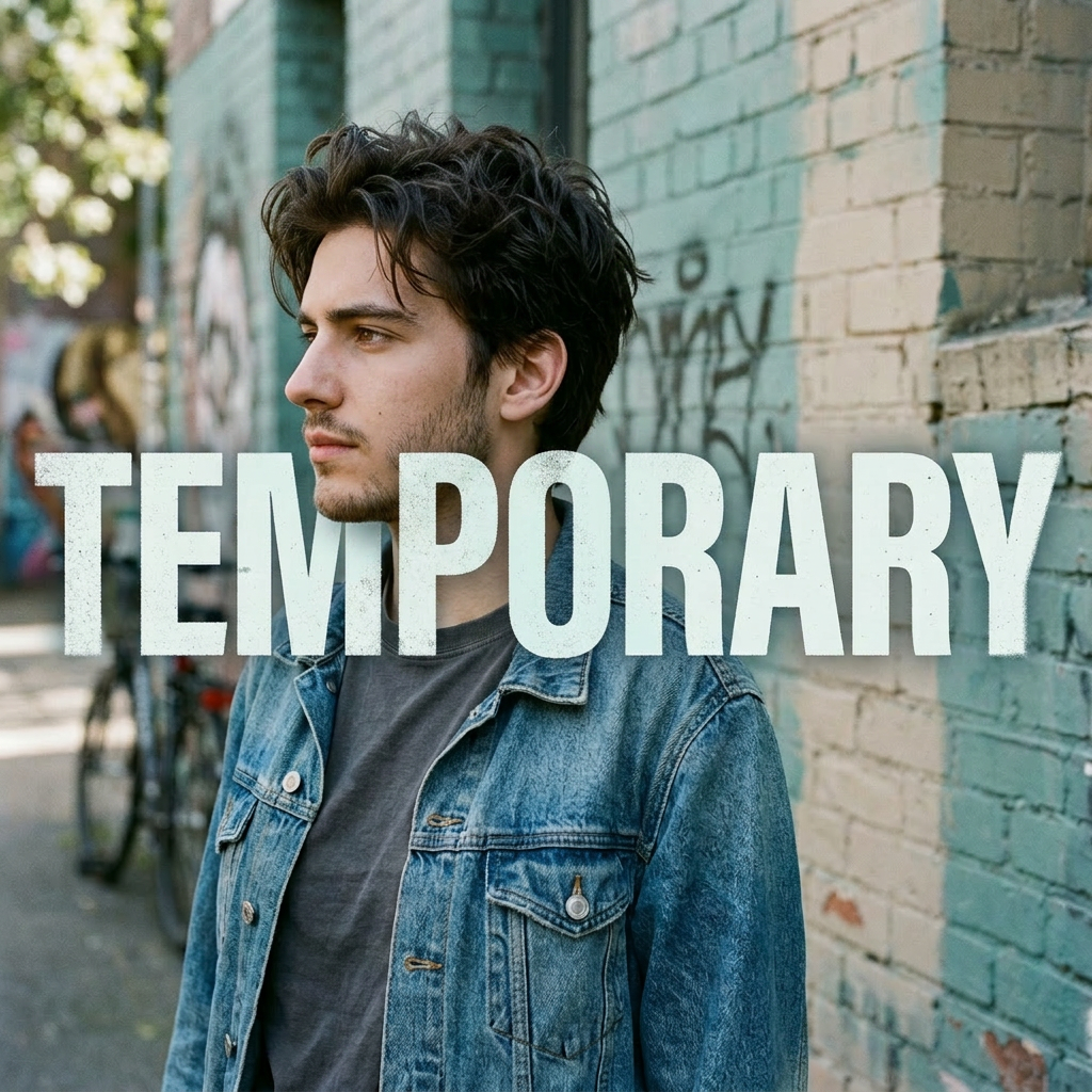 Young woman in denim jacket standing near graffiti wall with 'TEMPORARY' text overlay
